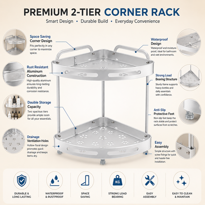 2-Tier & 3-Tier Aluminum Corner Storage Rack | Rust Resistant Bathroom & Kitchen Organizer Shelf | Space Saving Corner Stand with Drainage Holes