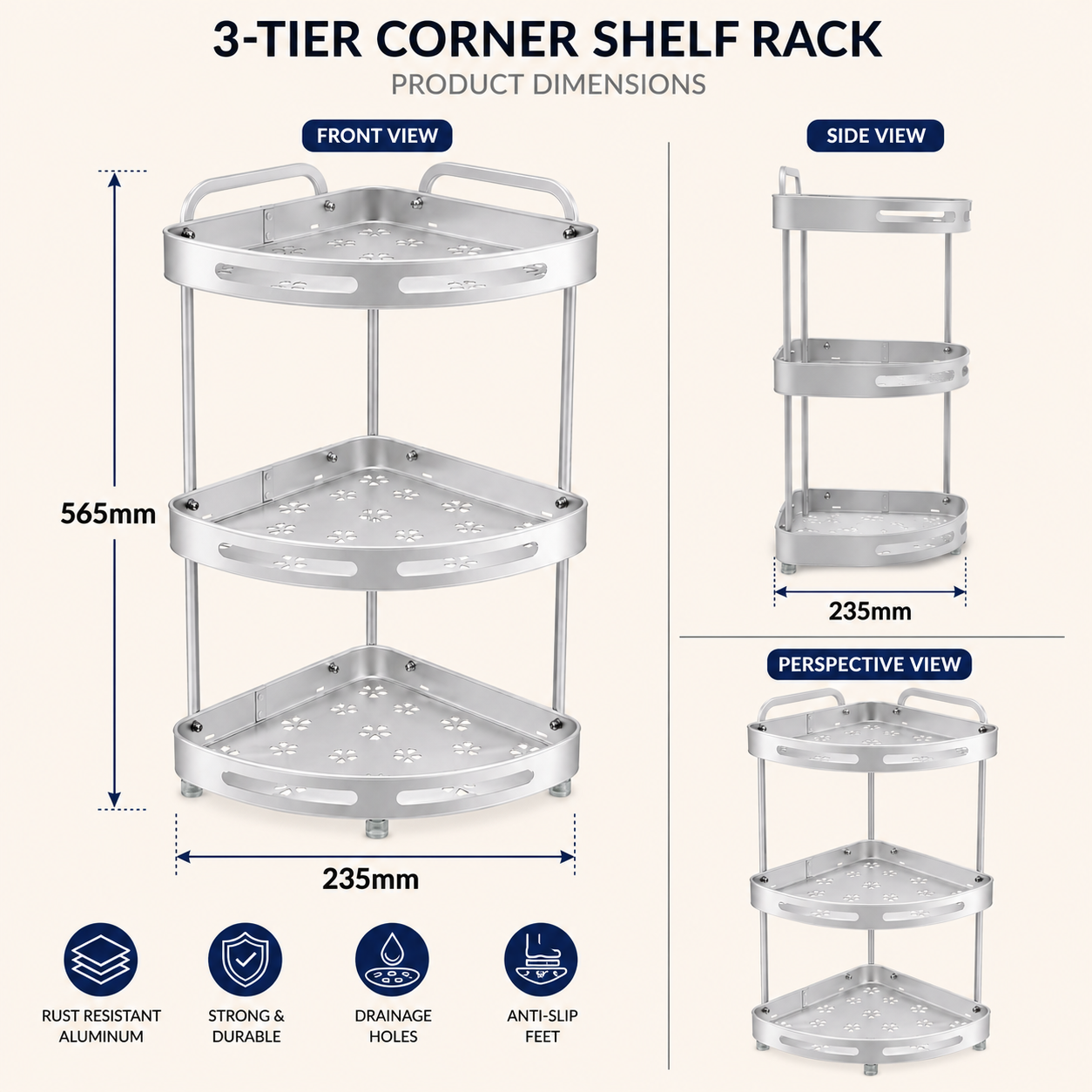 2-Tier & 3-Tier Aluminum Corner Storage Rack | Rust Resistant Bathroom & Kitchen Organizer Shelf | Space Saving Corner Stand with Drainage Holes