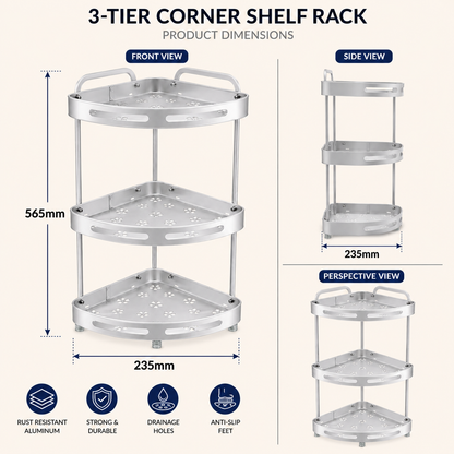 2-Tier & 3-Tier Aluminum Corner Storage Rack | Rust Resistant Bathroom & Kitchen Organizer Shelf | Space Saving Corner Stand with Drainage Holes