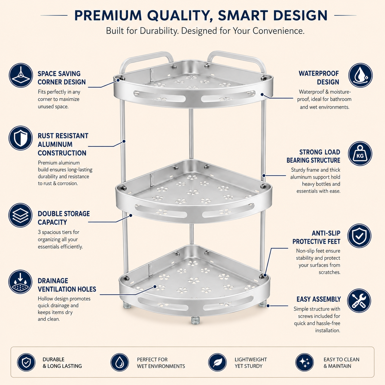 2-Tier & 3-Tier Aluminum Corner Storage Rack | Rust Resistant Bathroom & Kitchen Organizer Shelf | Space Saving Corner Stand with Drainage Holes