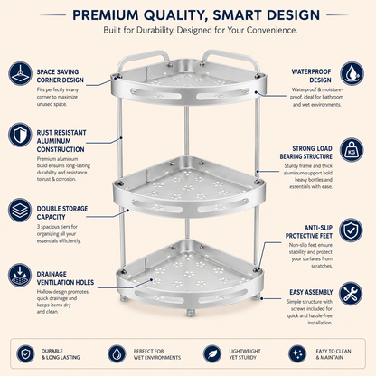 2-Tier & 3-Tier Aluminum Corner Storage Rack | Rust Resistant Bathroom & Kitchen Organizer Shelf | Space Saving Corner Stand with Drainage Holes