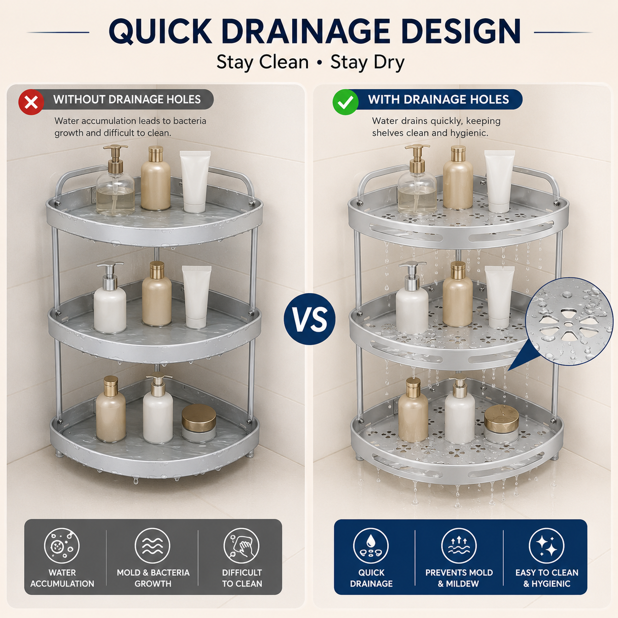 2-Tier & 3-Tier Aluminum Corner Storage Rack | Rust Resistant Bathroom & Kitchen Organizer Shelf | Space Saving Corner Stand with Drainage Holes
