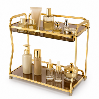 Luxury 2-Tier Gold Cosmetic Organizer Rack with Smoked Glass Shelves | Premium Makeup, Skincare & Perfume Storage Stand