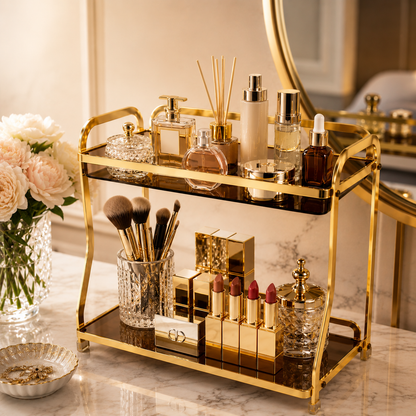 Luxury 2-Tier Gold Cosmetic Organizer Rack with Smoked Glass Shelves | Premium Makeup, Skincare & Perfume Storage Stand