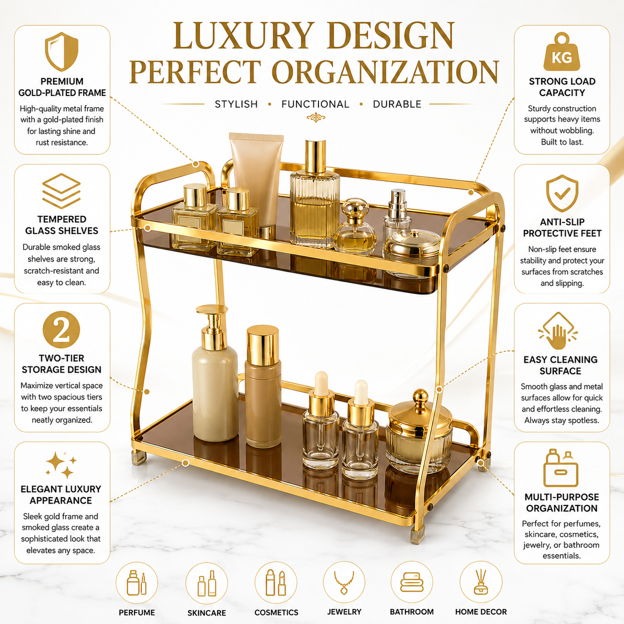 Luxury 2-Tier Gold Cosmetic Organizer Rack with Smoked Glass Shelves | Premium Makeup, Skincare & Perfume Storage Stand