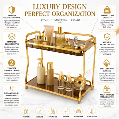 Luxury 2-Tier Gold Cosmetic Organizer Rack with Smoked Glass Shelves | Premium Makeup, Skincare & Perfume Storage Stand