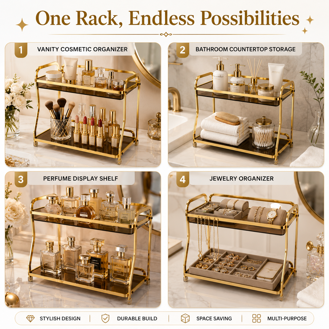 Luxury 2-Tier Gold Cosmetic Organizer Rack with Smoked Glass Shelves | Premium Makeup, Skincare & Perfume Storage Stand