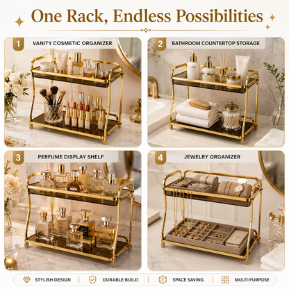 Luxury 2-Tier Gold Cosmetic Organizer Rack with Smoked Glass Shelves | Premium Makeup, Skincare & Perfume Storage Stand