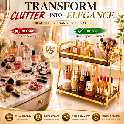 Luxury 2-Tier Gold Cosmetic Organizer Rack with Smoked Glass Shelves | Premium Makeup, Skincare & Perfume Storage Stand