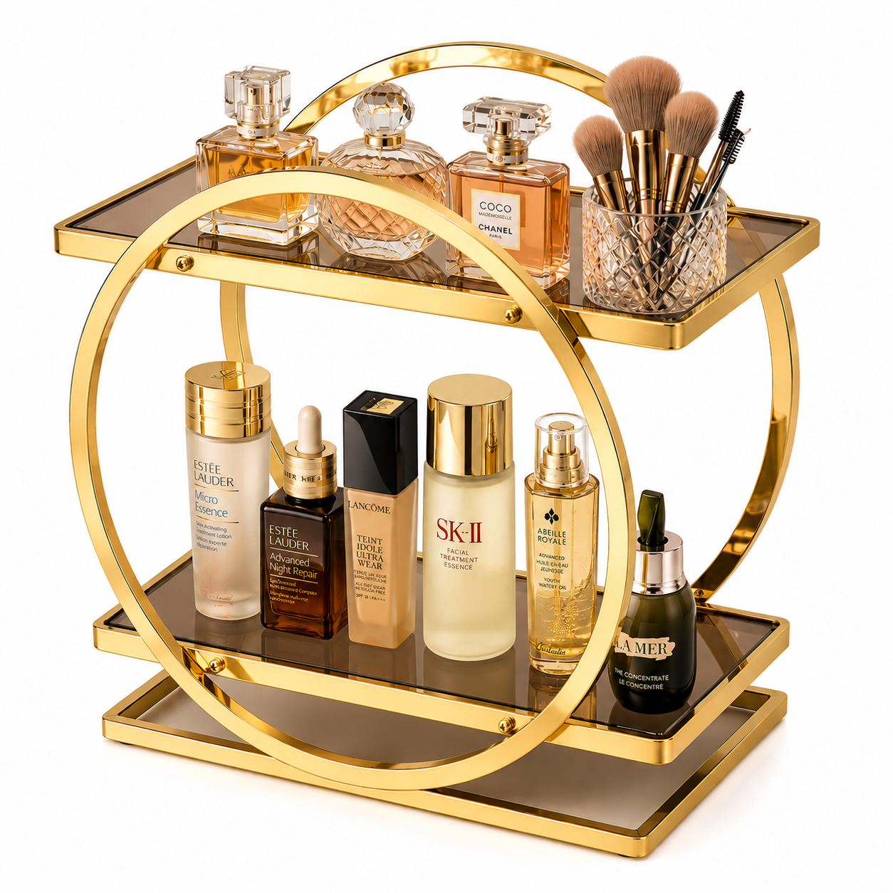 Luxury 2-Tier Gold Makeup Organizer Rack with Smoked Glass Shelves | Premium Vanity, Perfume & Cosmetic Storage Stand