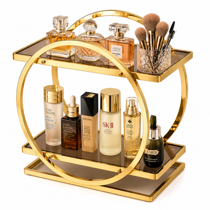 Luxury 2-Tier Gold Makeup Organizer Rack with Smoked Glass Shelves | Premium Vanity, Perfume & Cosmetic Storage Stand