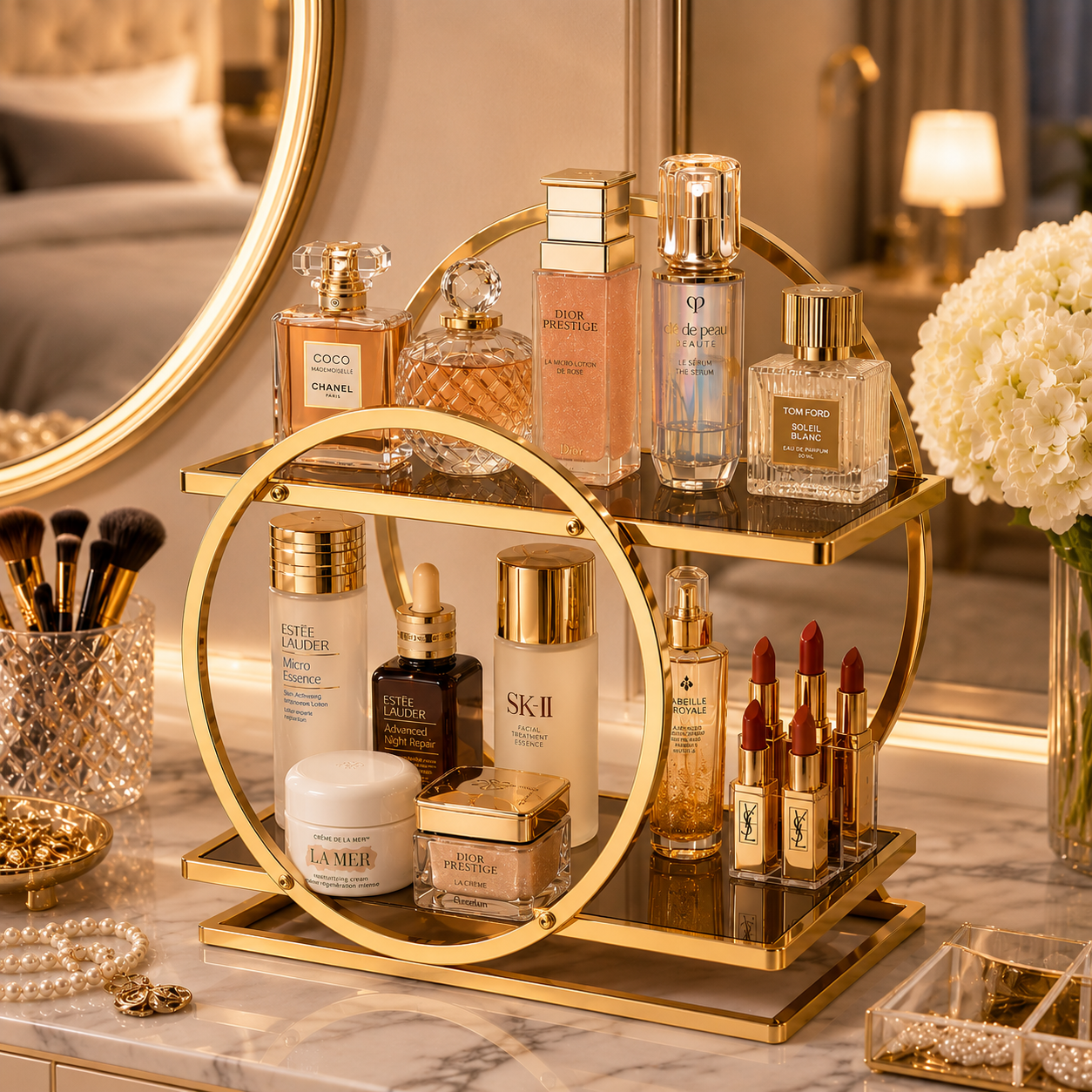 Luxury 2-Tier Gold Makeup Organizer Rack with Smoked Glass Shelves | Premium Vanity, Perfume & Cosmetic Storage Stand
