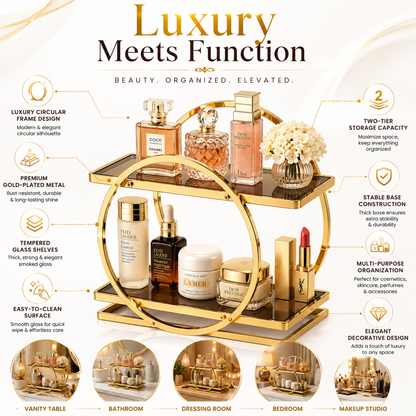 Luxury 2-Tier Gold Makeup Organizer Rack with Smoked Glass Shelves | Premium Vanity, Perfume & Cosmetic Storage Stand