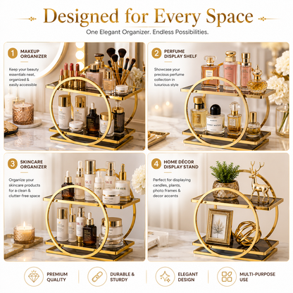 Luxury 2-Tier Gold Makeup Organizer Rack with Smoked Glass Shelves | Premium Vanity, Perfume & Cosmetic Storage Stand