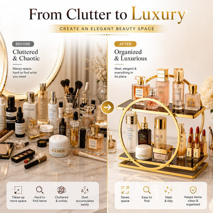 Luxury 2-Tier Gold Makeup Organizer Rack with Smoked Glass Shelves | Premium Vanity, Perfume & Cosmetic Storage Stand