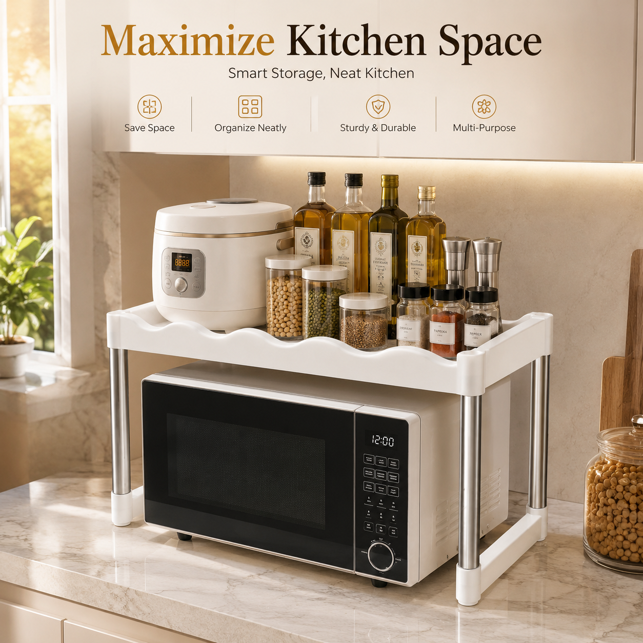 Microwave Oven Storage Rack | Kitchen Countertop Organizer Shelf | Multipurpose Space Saving Stand