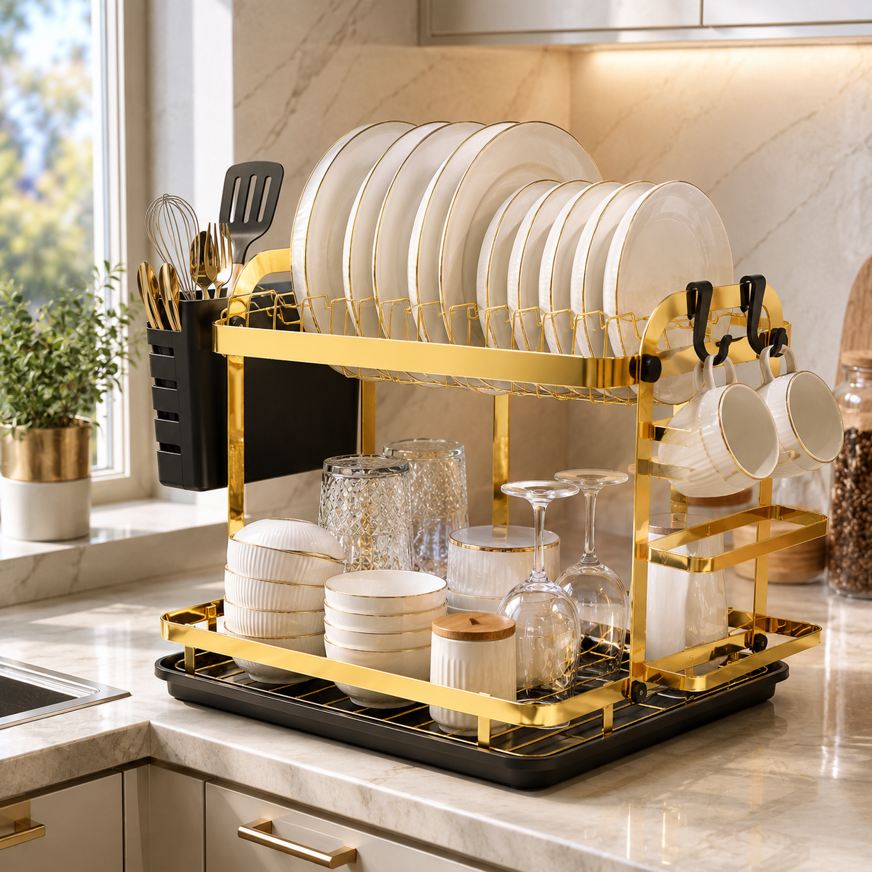 Luxury Gold 2-Tier Dish Drying Rack with Drain Tray | Premium Kitchen Countertop Dish Organizer