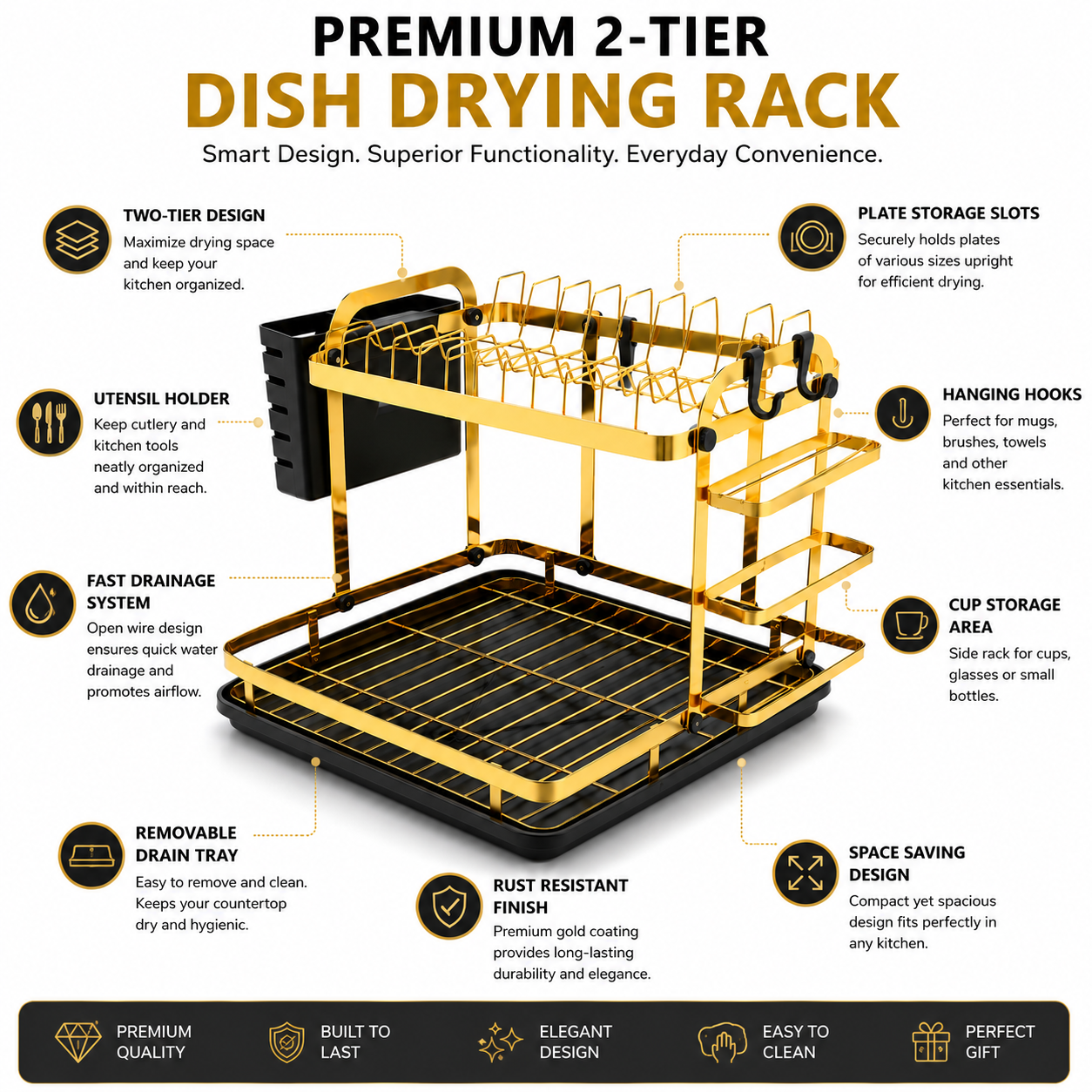 Luxury Gold 2-Tier Dish Drying Rack with Drain Tray | Premium Kitchen Countertop Dish Organizer