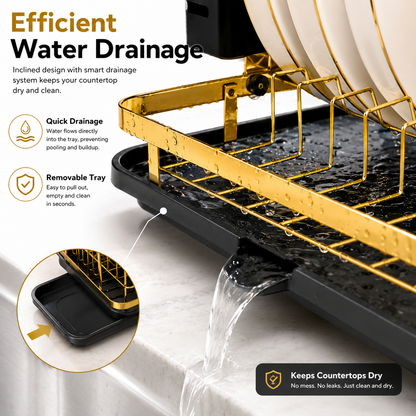 Luxury Gold 2-Tier Dish Drying Rack with Drain Tray | Premium Kitchen Countertop Dish Organizer