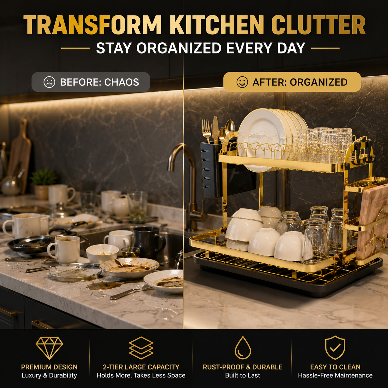 Luxury Gold 2-Tier Dish Drying Rack with Drain Tray | Premium Kitchen Countertop Dish Organizer
