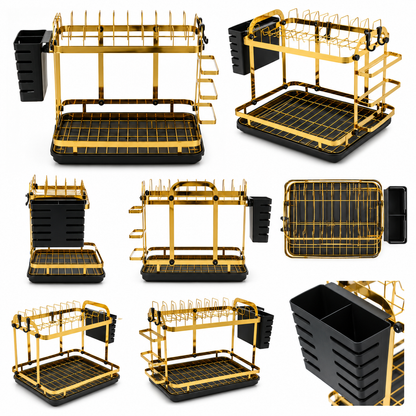 Luxury Gold 2-Tier Dish Drying Rack with Drain Tray | Premium Kitchen Countertop Dish Organizer