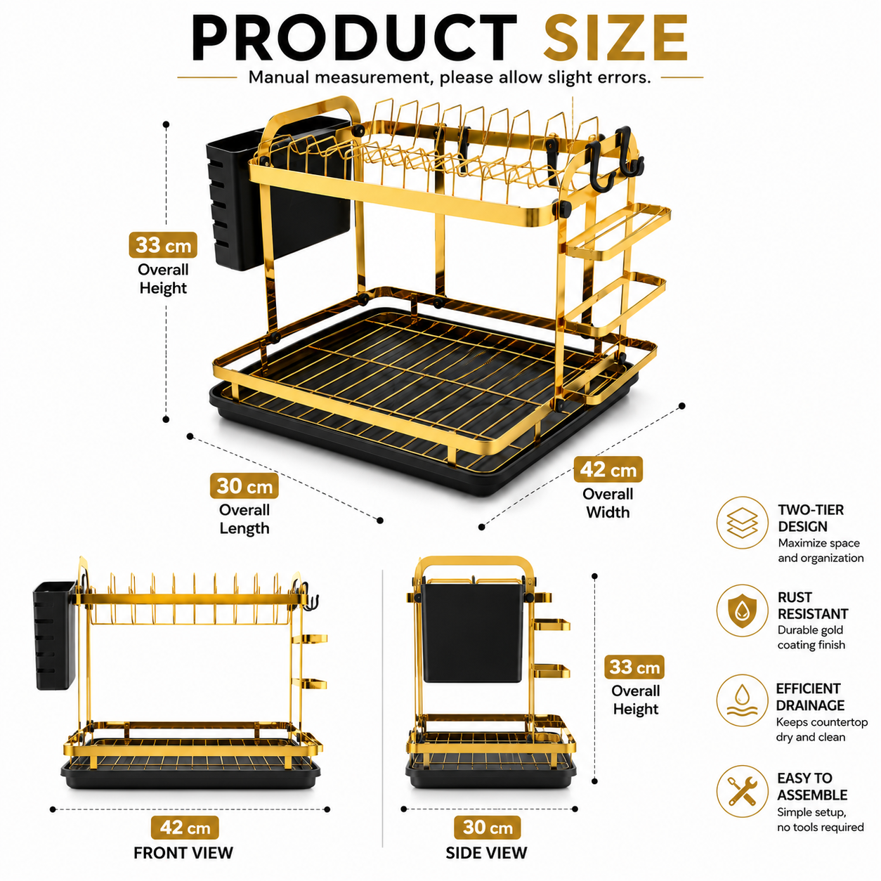 Luxury Gold 2-Tier Dish Drying Rack with Drain Tray | Premium Kitchen Countertop Dish Organizer
