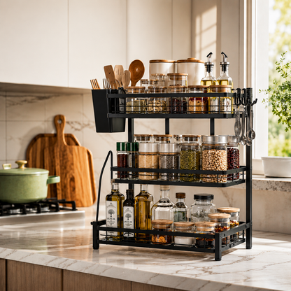 3-Tier Kitchen Countertop Storage Rack | Multipurpose Metal Organizer Shelf with Hooks, Utensil Holder & Cutting Board Stand | Space-Saving Kitchen Storage Solution