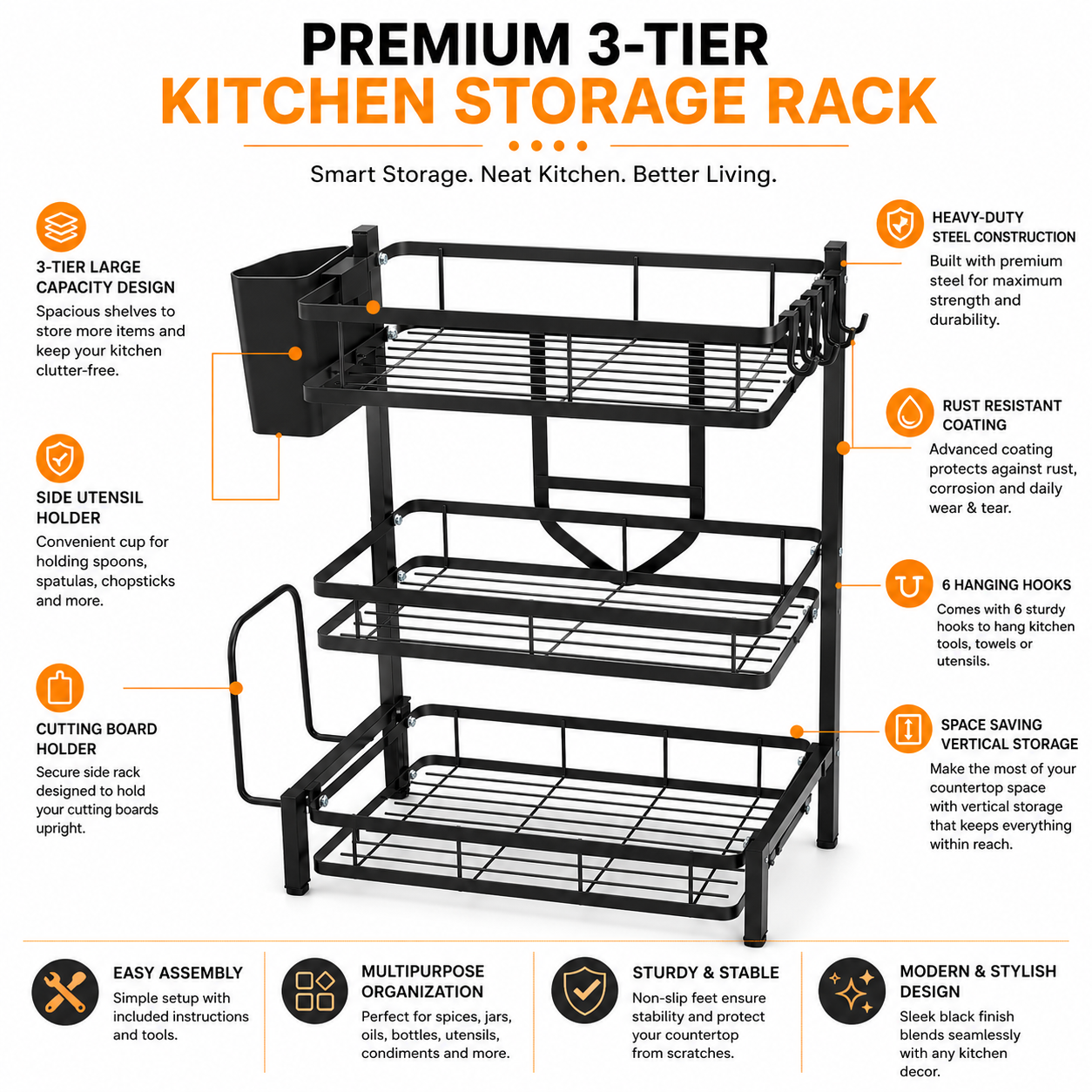 3-Tier Kitchen Countertop Storage Rack | Multipurpose Metal Organizer Shelf with Hooks, Utensil Holder & Cutting Board Stand | Space-Saving Kitchen Storage Solution