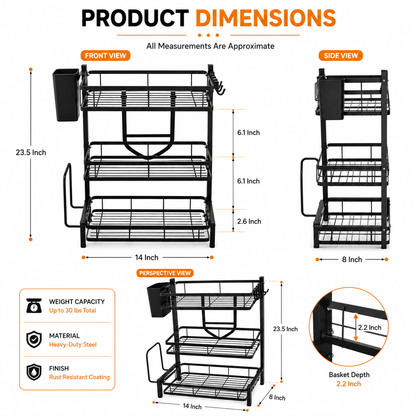 3-Tier Kitchen Countertop Storage Rack | Multipurpose Metal Organizer Shelf with Hooks, Utensil Holder & Cutting Board Stand | Space-Saving Kitchen Storage Solution