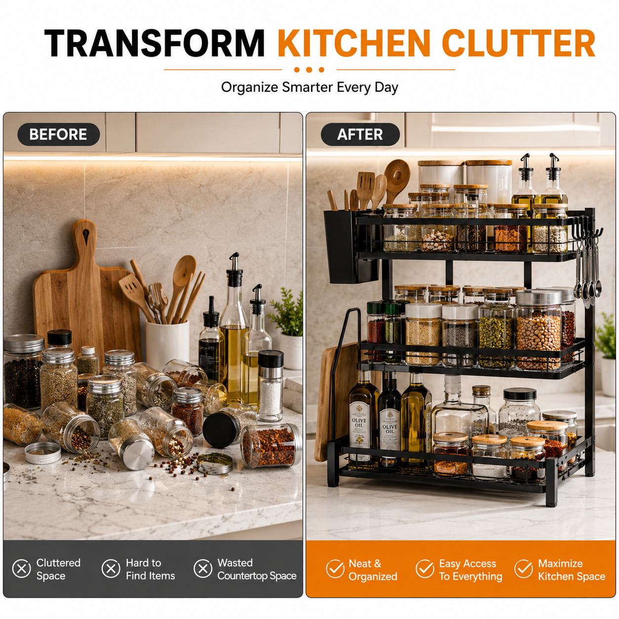 3-Tier Kitchen Countertop Storage Rack | Multipurpose Metal Organizer Shelf with Hooks, Utensil Holder & Cutting Board Stand | Space-Saving Kitchen Storage Solution