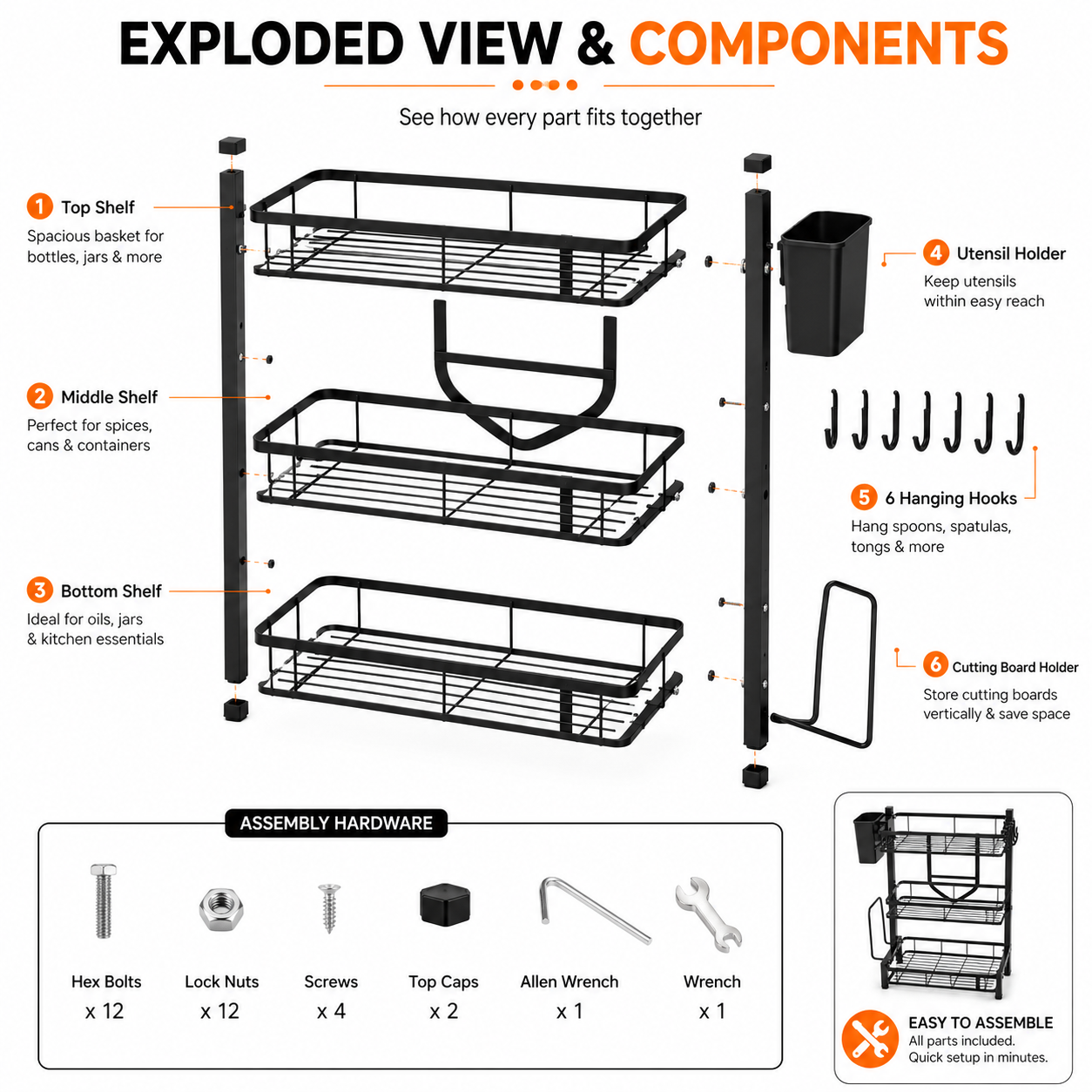 3-Tier Kitchen Countertop Storage Rack | Multipurpose Metal Organizer Shelf with Hooks, Utensil Holder & Cutting Board Stand | Space-Saving Kitchen Storage Solution