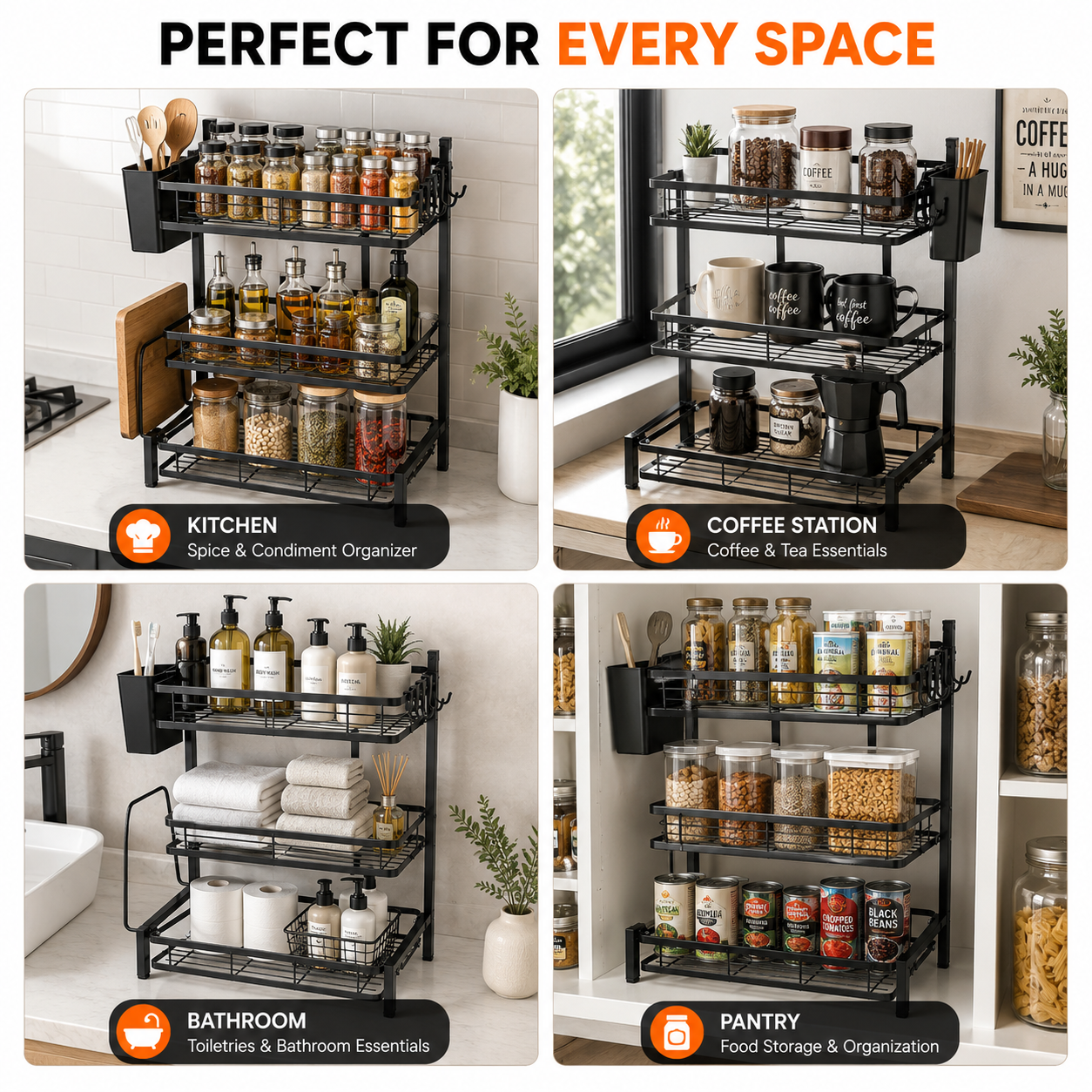 3-Tier Kitchen Countertop Storage Rack | Multipurpose Metal Organizer Shelf with Hooks, Utensil Holder & Cutting Board Stand | Space-Saving Kitchen Storage Solution