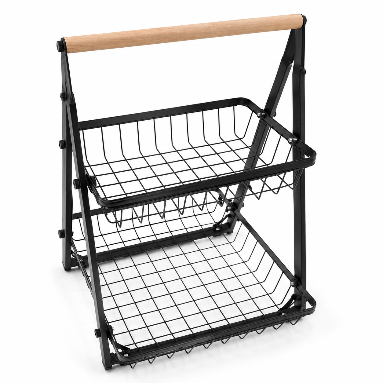 Foldable 2-Tier Fruit & Vegetable Storage Basket | Metal Wire Kitchen Countertop Organizer Rack with Wooden Handle | Space-Saving Multipurpose Storage Stand