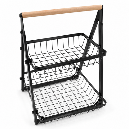 Foldable 2-Tier Fruit & Vegetable Storage Basket | Metal Wire Kitchen Countertop Organizer Rack with Wooden Handle | Space-Saving Multipurpose Storage Stand