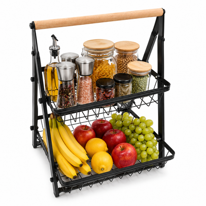 Foldable 2-Tier Fruit & Vegetable Storage Basket | Metal Wire Kitchen Countertop Organizer Rack with Wooden Handle | Space-Saving Multipurpose Storage Stand