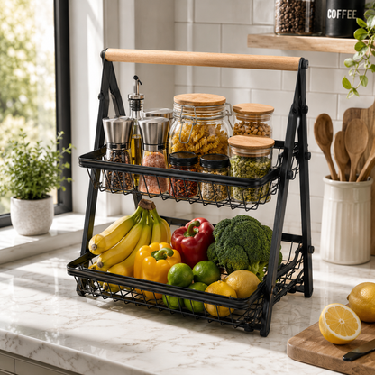 Foldable 2-Tier Fruit & Vegetable Storage Basket | Metal Wire Kitchen Countertop Organizer Rack with Wooden Handle | Space-Saving Multipurpose Storage Stand