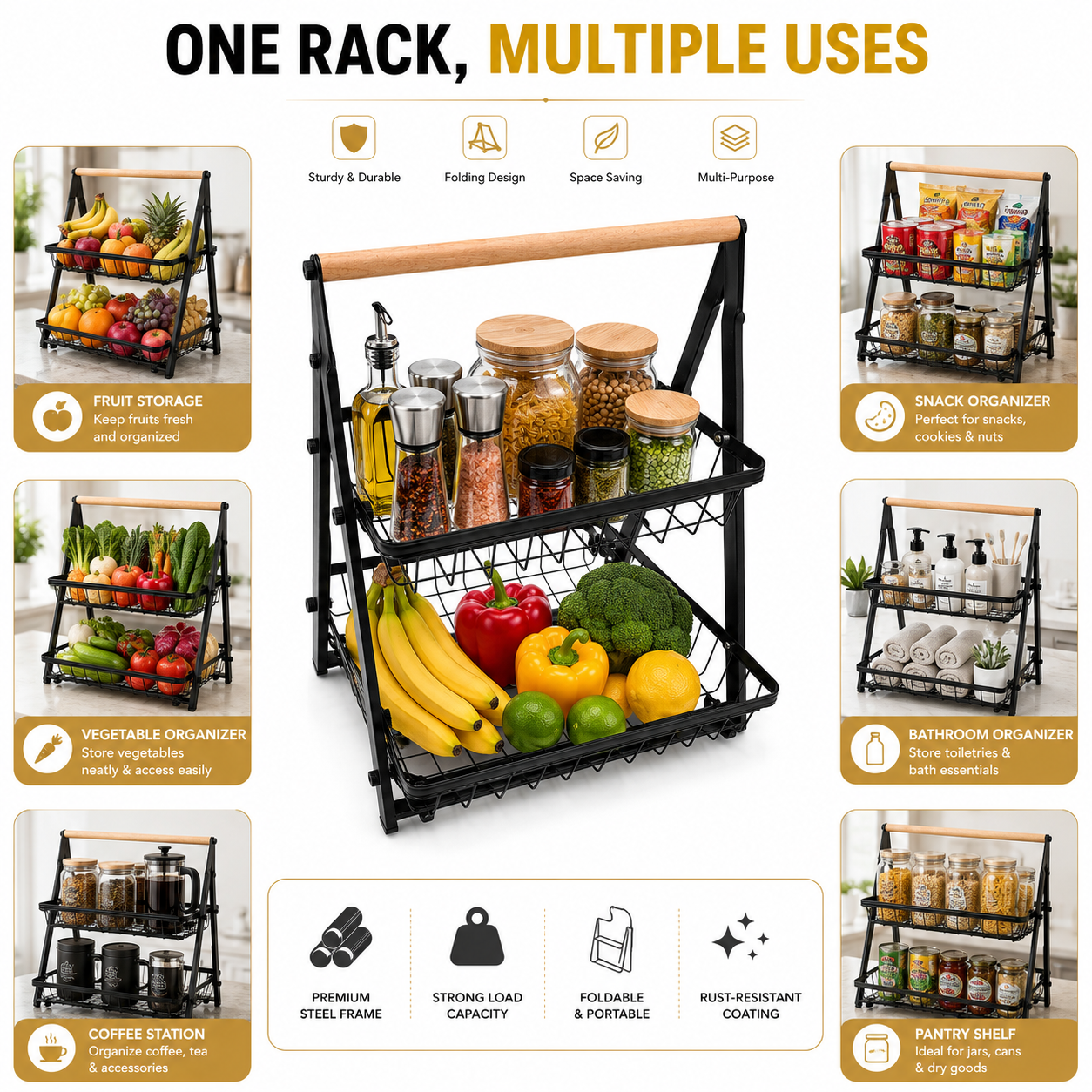 Foldable 2-Tier Fruit & Vegetable Storage Basket | Metal Wire Kitchen Countertop Organizer Rack with Wooden Handle | Space-Saving Multipurpose Storage Stand