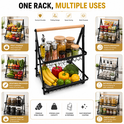 Foldable 2-Tier Fruit & Vegetable Storage Basket | Metal Wire Kitchen Countertop Organizer Rack with Wooden Handle | Space-Saving Multipurpose Storage Stand