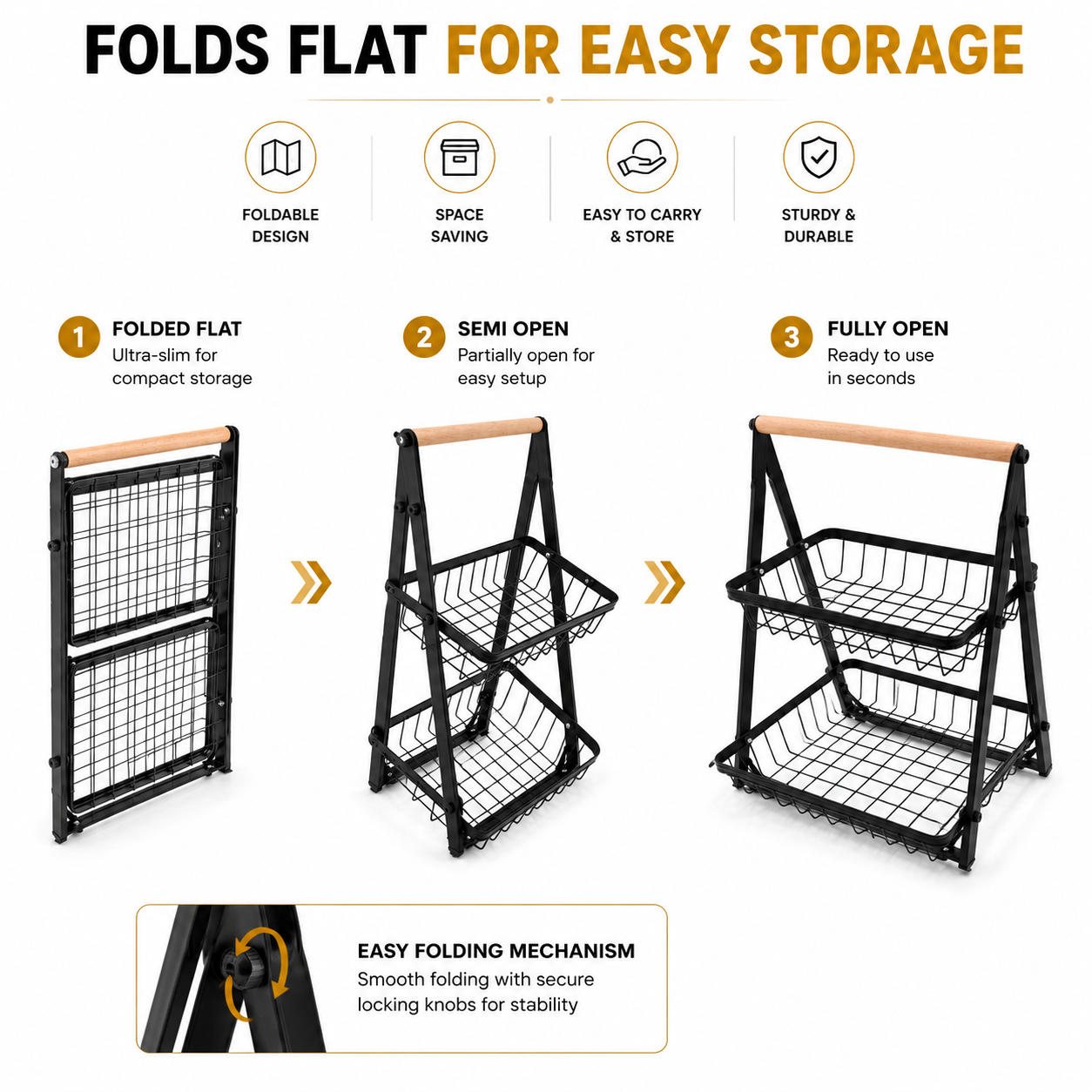 Foldable 2-Tier Fruit & Vegetable Storage Basket | Metal Wire Kitchen Countertop Organizer Rack with Wooden Handle | Space-Saving Multipurpose Storage Stand
