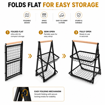 Foldable 2-Tier Fruit & Vegetable Storage Basket | Metal Wire Kitchen Countertop Organizer Rack with Wooden Handle | Space-Saving Multipurpose Storage Stand
