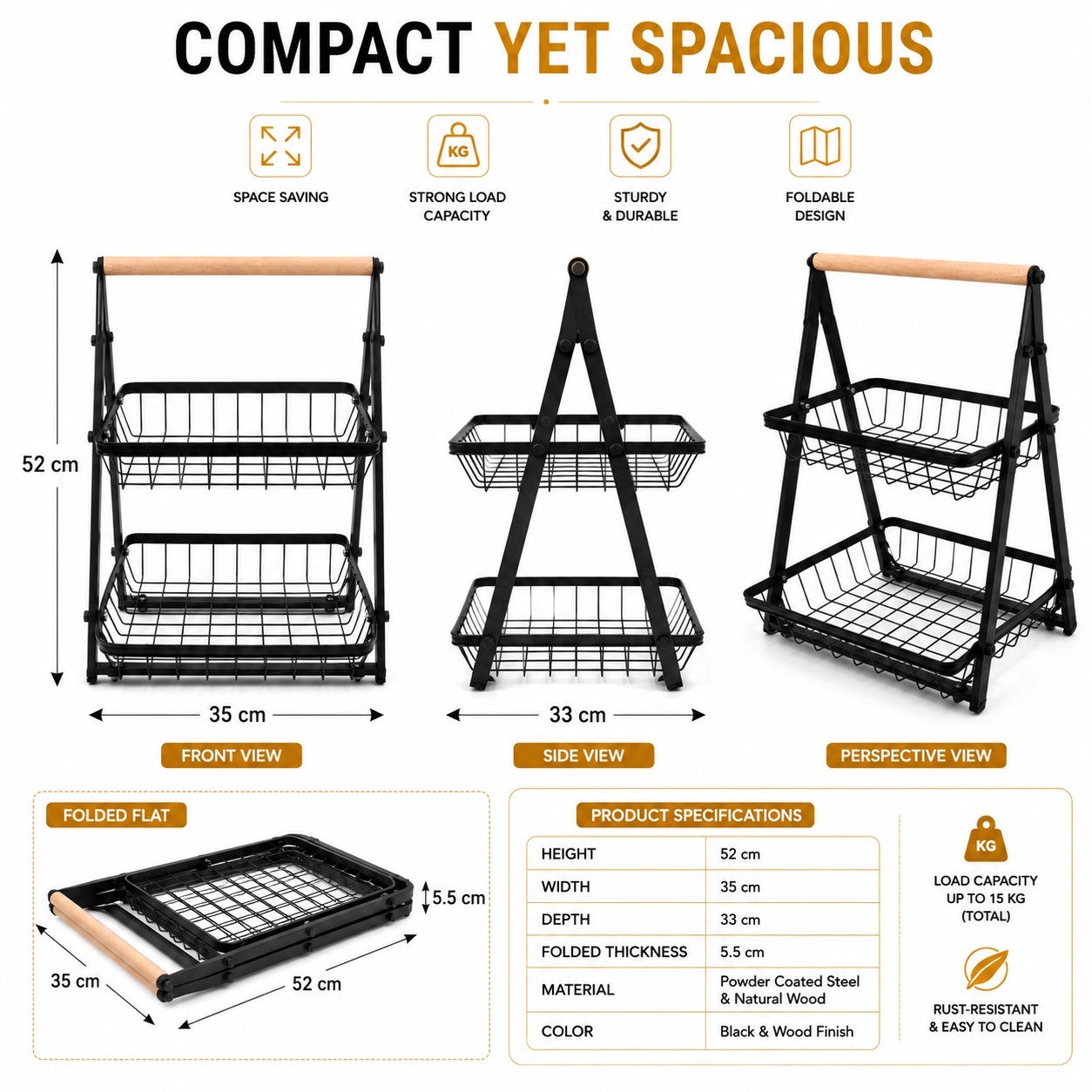 Foldable 2-Tier Fruit & Vegetable Storage Basket | Metal Wire Kitchen Countertop Organizer Rack with Wooden Handle | Space-Saving Multipurpose Storage Stand