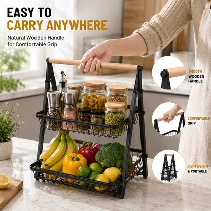Foldable 2-Tier Fruit & Vegetable Storage Basket | Metal Wire Kitchen Countertop Organizer Rack with Wooden Handle | Space-Saving Multipurpose Storage Stand