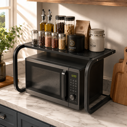 Heavy-Duty Microwave Oven Stand Rack | Kitchen Countertop Storage Organizer Shelf | Black Metal Multipurpose Stand