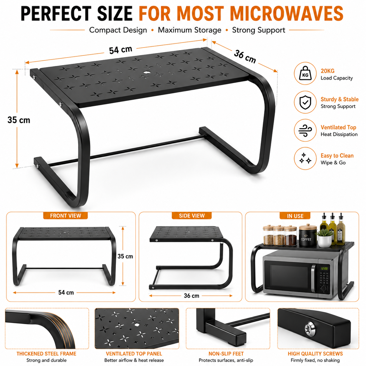 Heavy-Duty Microwave Oven Stand Rack | Kitchen Countertop Storage Organizer Shelf | Black Metal Multipurpose Stand
