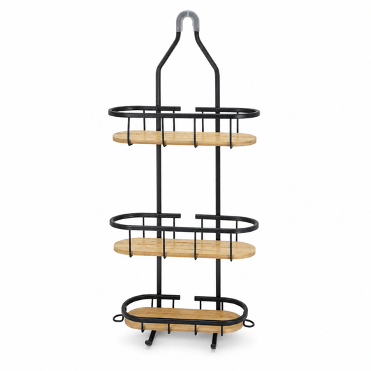 3-Tier Bathroom Shower Caddy Organizer with Bamboo Shelves | Rustproof Metal Hanging Shower Rack | No Drill Bathroom Storage Shelf for Shampoo, Soap & Toiletries
