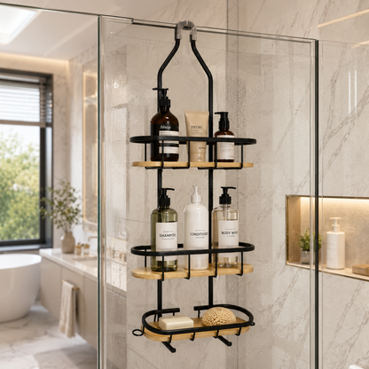 3-Tier Bathroom Shower Caddy Organizer with Bamboo Shelves | Rustproof Metal Hanging Shower Rack | No Drill Bathroom Storage Shelf for Shampoo, Soap & Toiletries