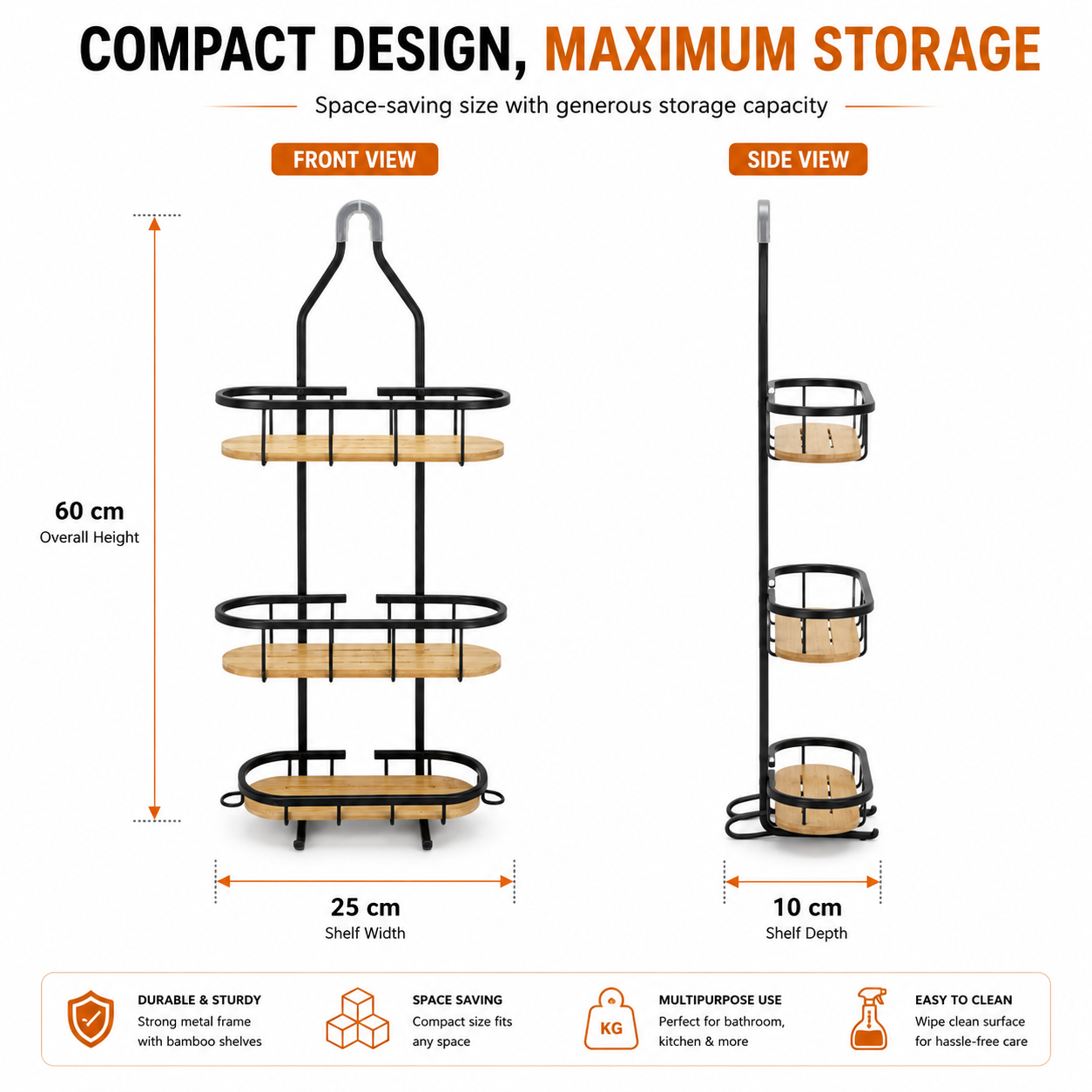 3-Tier Bathroom Shower Caddy Organizer with Bamboo Shelves | Rustproof Metal Hanging Shower Rack | No Drill Bathroom Storage Shelf for Shampoo, Soap & Toiletries