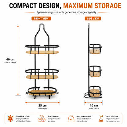 3-Tier Bathroom Shower Caddy Organizer with Bamboo Shelves | Rustproof Metal Hanging Shower Rack | No Drill Bathroom Storage Shelf for Shampoo, Soap & Toiletries