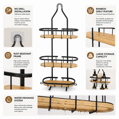 3-Tier Bathroom Shower Caddy Organizer with Bamboo Shelves | Rustproof Metal Hanging Shower Rack | No Drill Bathroom Storage Shelf for Shampoo, Soap & Toiletries