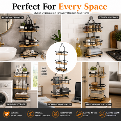 3-Tier Bathroom Shower Caddy Organizer with Bamboo Shelves | Rustproof Metal Hanging Shower Rack | No Drill Bathroom Storage Shelf for Shampoo, Soap & Toiletries